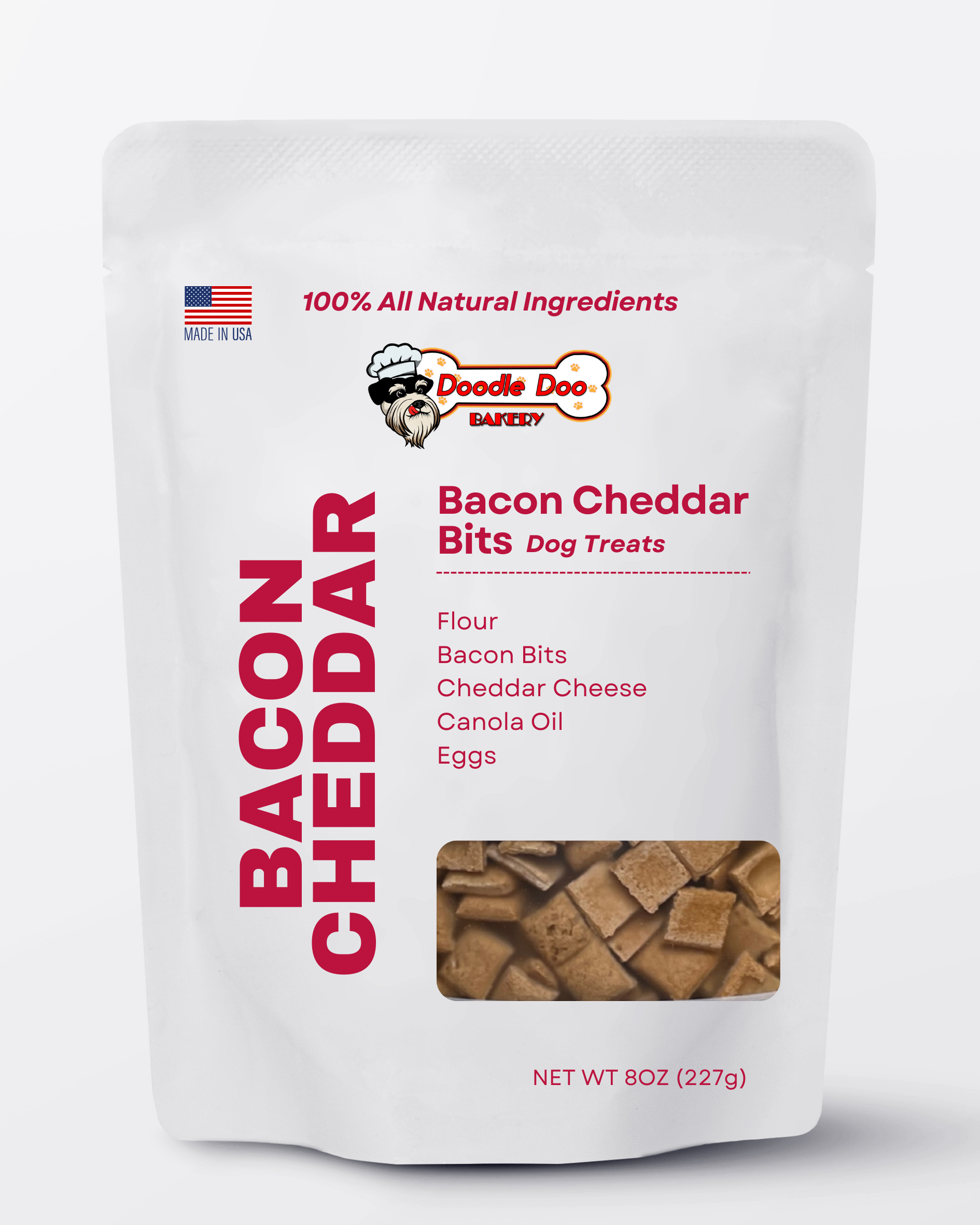 Homemade Doodle Doo Bakery bacon cheddar dog treats in a 1/2lb bag, crunchy treats for dogs with bacon and cheese flavor.