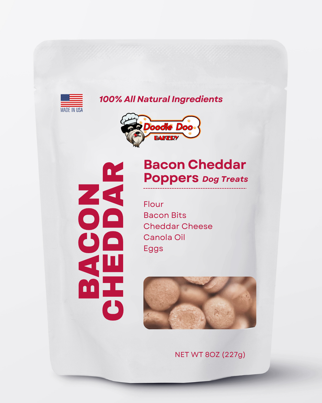 Homemade Doodle Doo Bakery bacon cheddar dog treats, bacon and cheese flavor, 1/2lb bag of crunchy dog treats.
