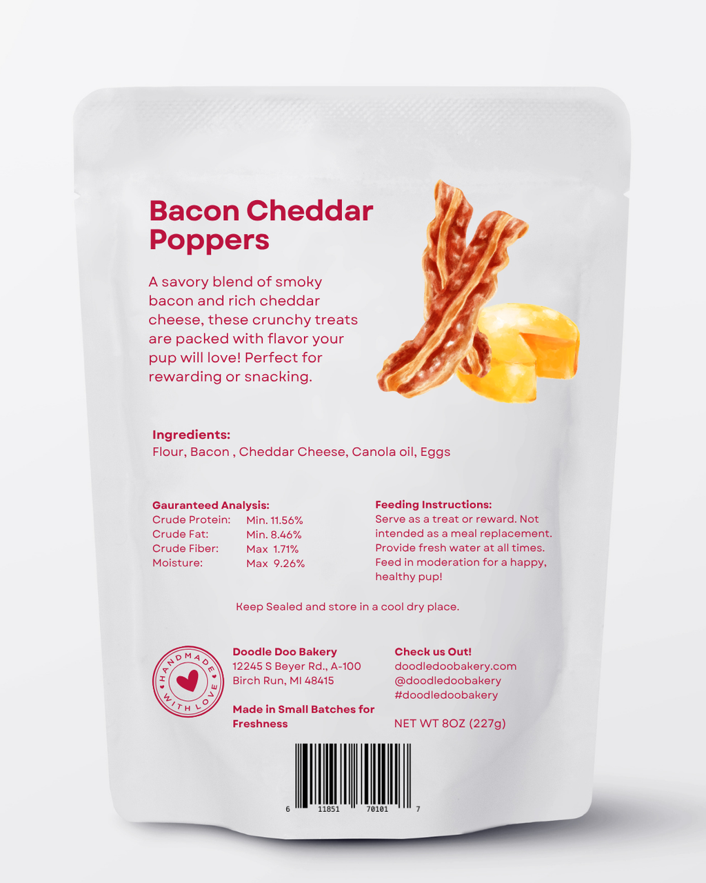 Homemade bacon cheddar dog treats by Doodle Doo Bakery, featuring bacon and cheddar cheese in a 1/2lb pack.