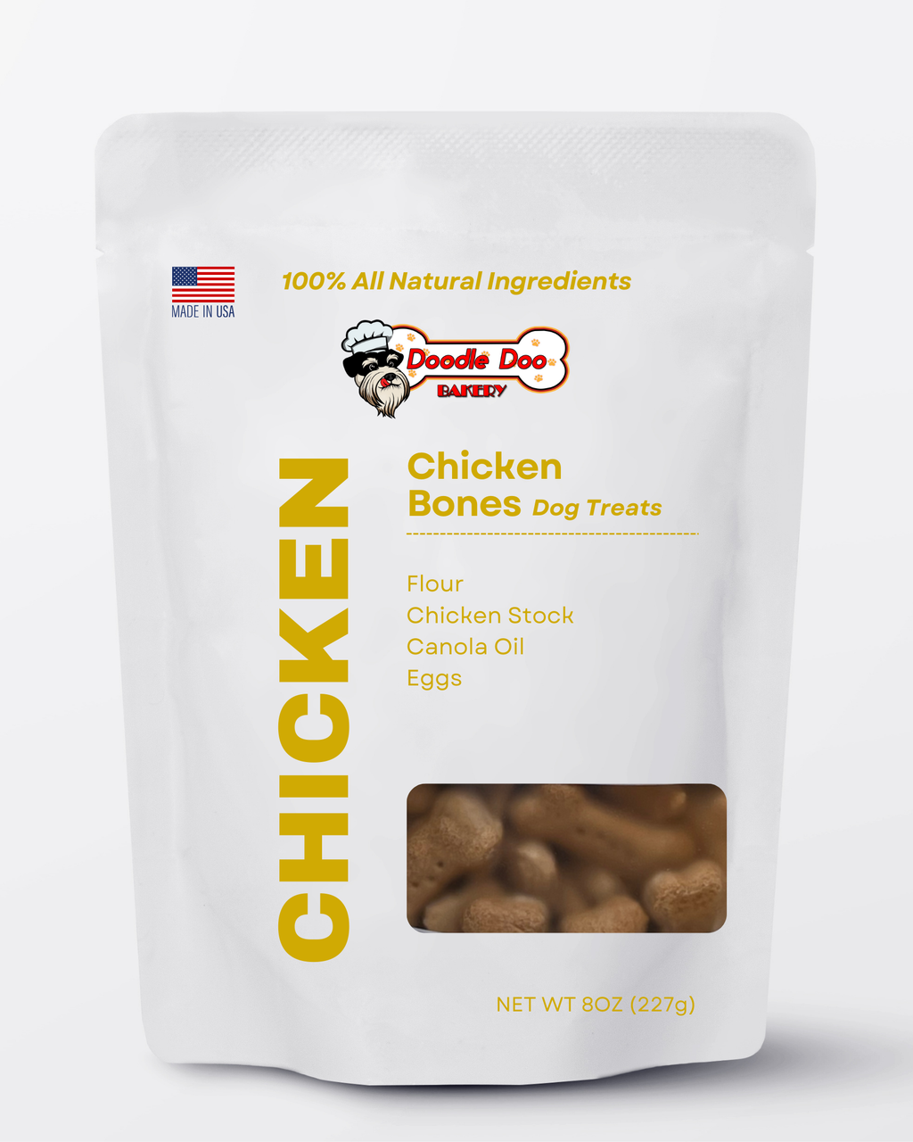 Homemade Doodle Doo Bakery chicken dog treats in a 1/2lb package, showing crispy, golden-brown treats for dogs.