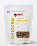 Homemade Doodle Doo Bakery chicken dog treats in a 1/2lb package, showing crispy, golden-brown treats for dogs.