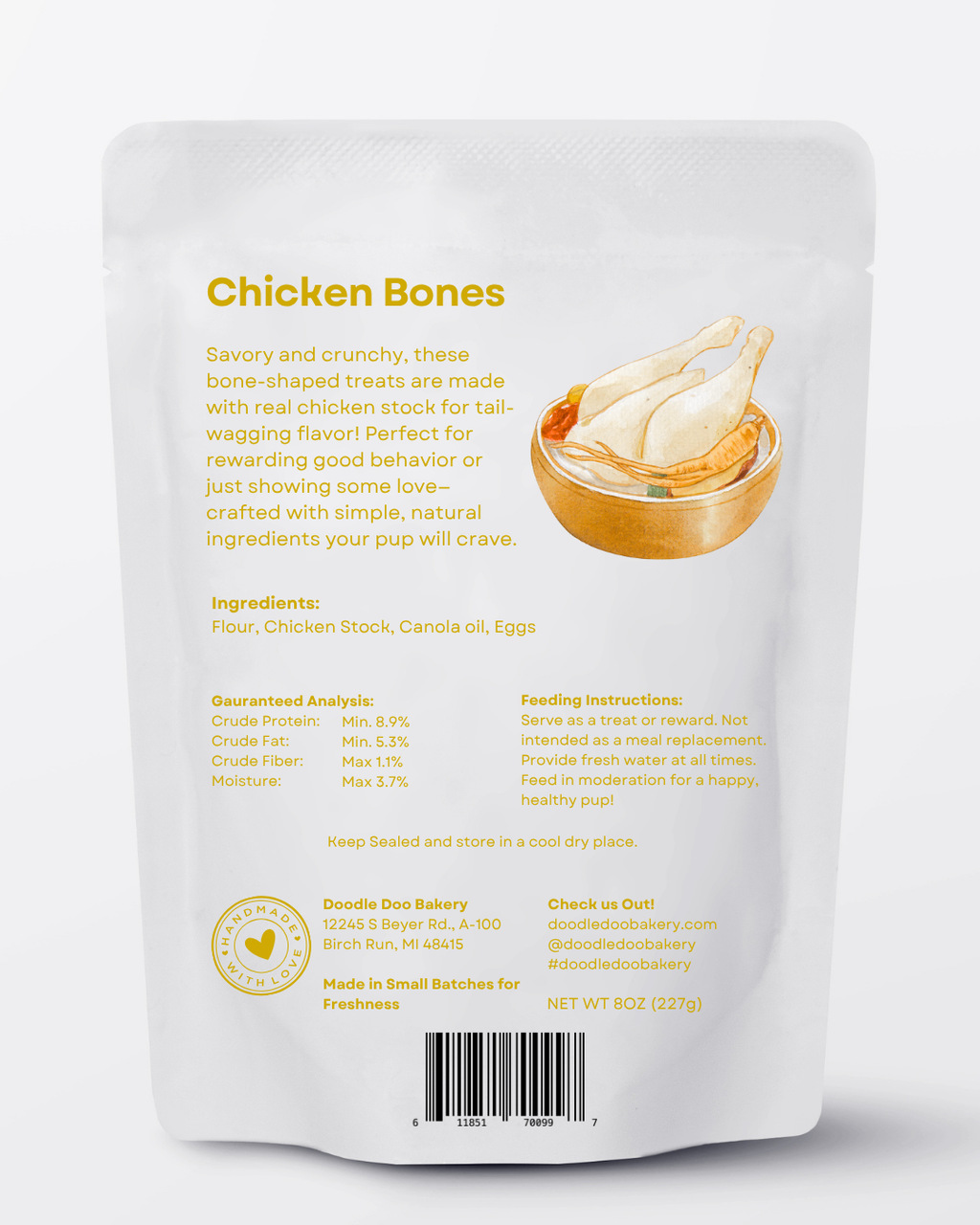 Homemade Doodle Doo Bakery chicken dog treat in 1/2lb package, showing natural, crunchy chicken treats for dogs.