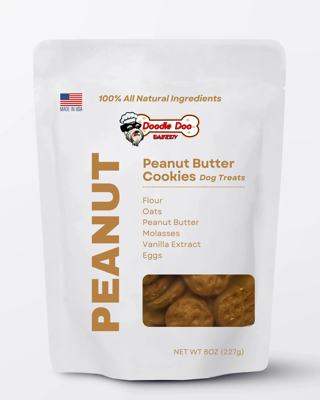 Homemade Doodle Doo Bakery peanut butter dog treats in half-pound size, featuring crunchy cookie shapes for dogs.