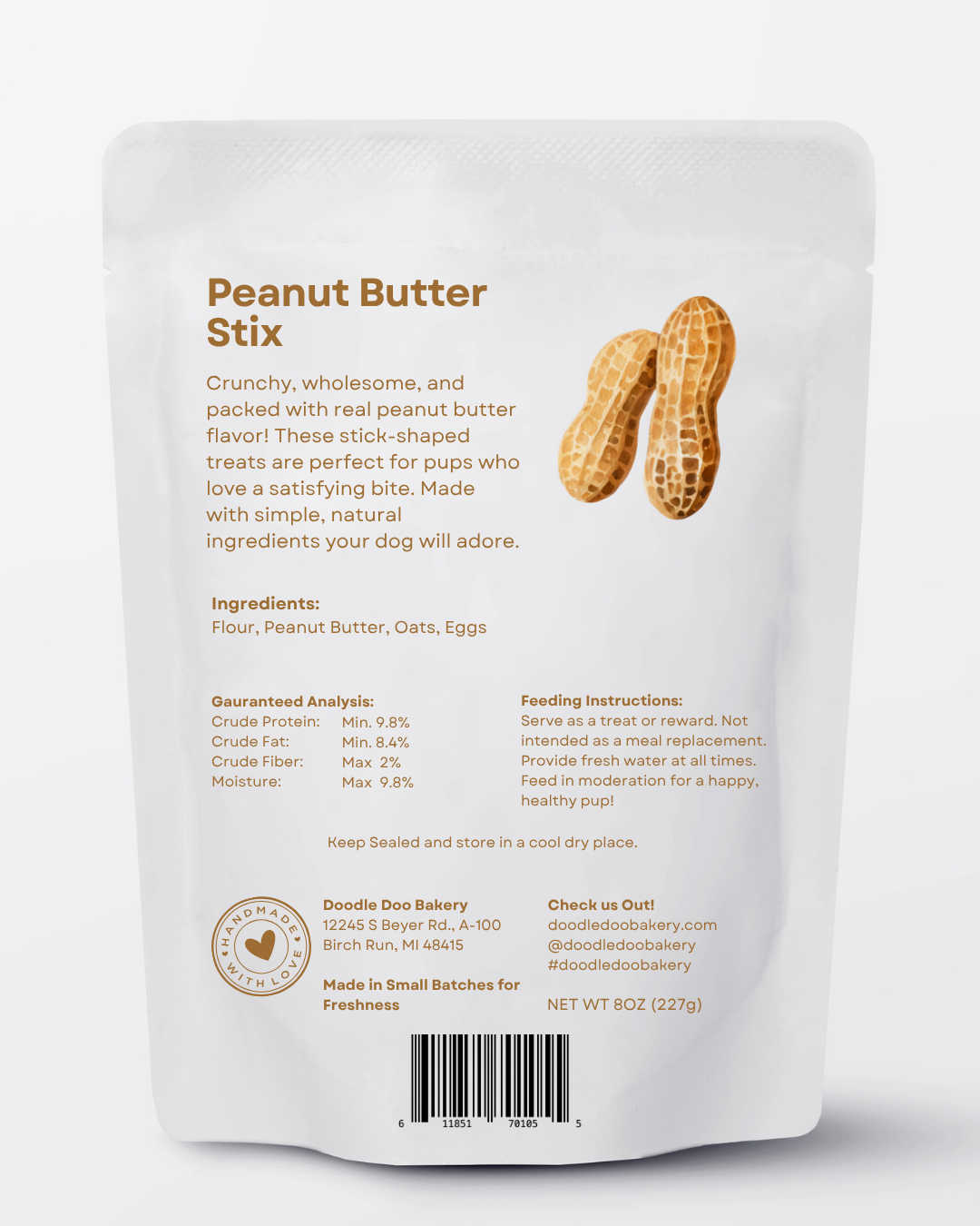 Homemade Doodle Doo Bakery peanut butter dog treat sticks, 1/2lb, featuring crunchy treats for dogs.