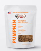Homemade Pumpkin Bits Dog Treats by Doodle Doo Bakery, 1/2lb, showing crunchy pumpkin-shaped biscuits for dogs.