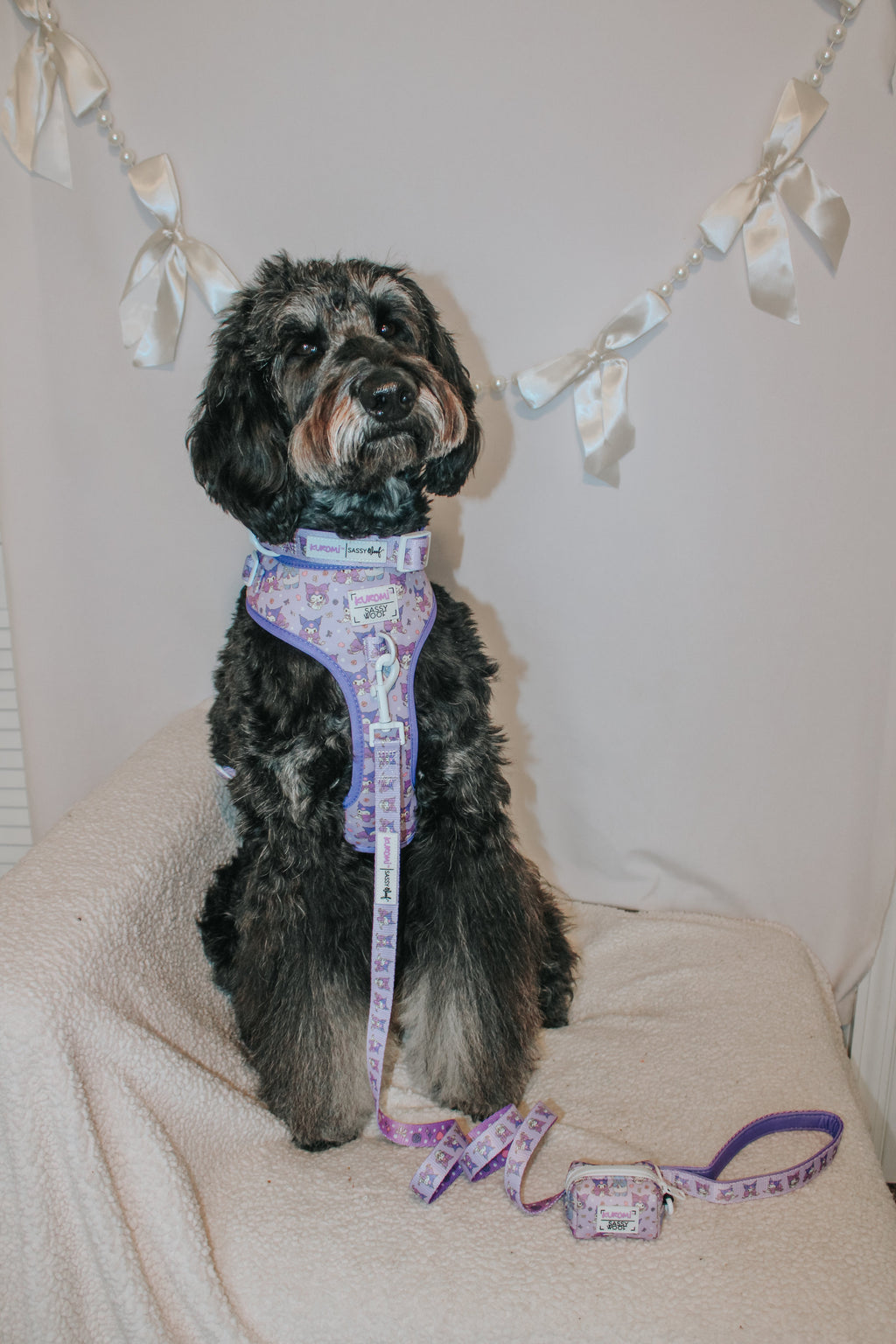Sassy Woof Kuromi™ dog collar with cute black and pink design, adjustable pet collar for small to medium dogs.