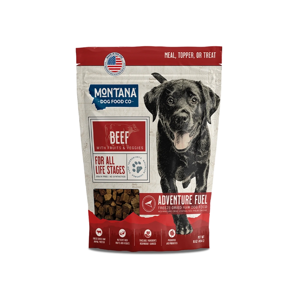 Montana Dog Food Co Grain-Free Beef Freeze-Dried Raw Adventure Fuel dog food meal topper in 6.4oz package showing beef pieces