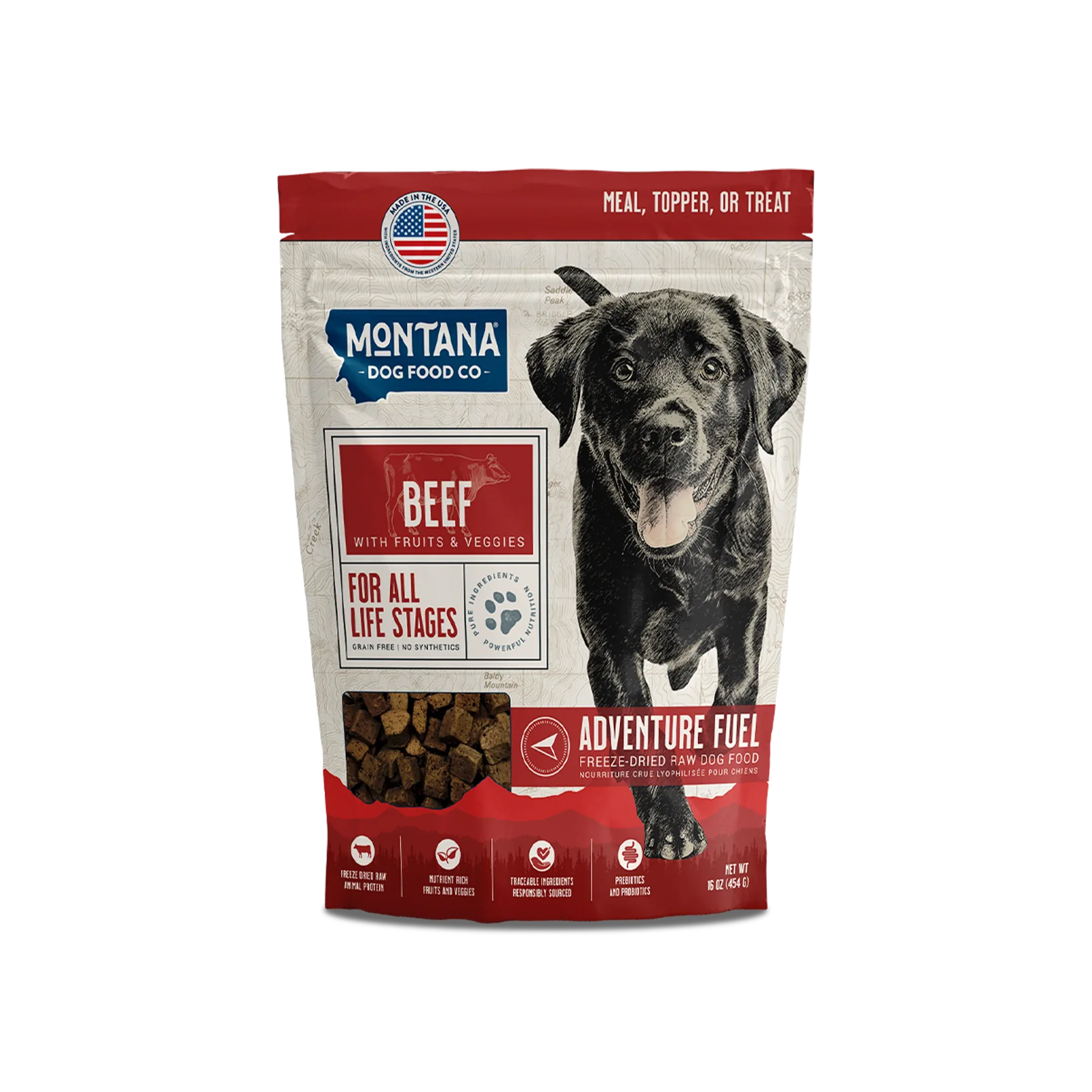Montana Dog Food Co Grain-Free Beef Freeze-Dried Raw Adventure Fuel dog food meal topper in 6.4oz package showing beef pieces
