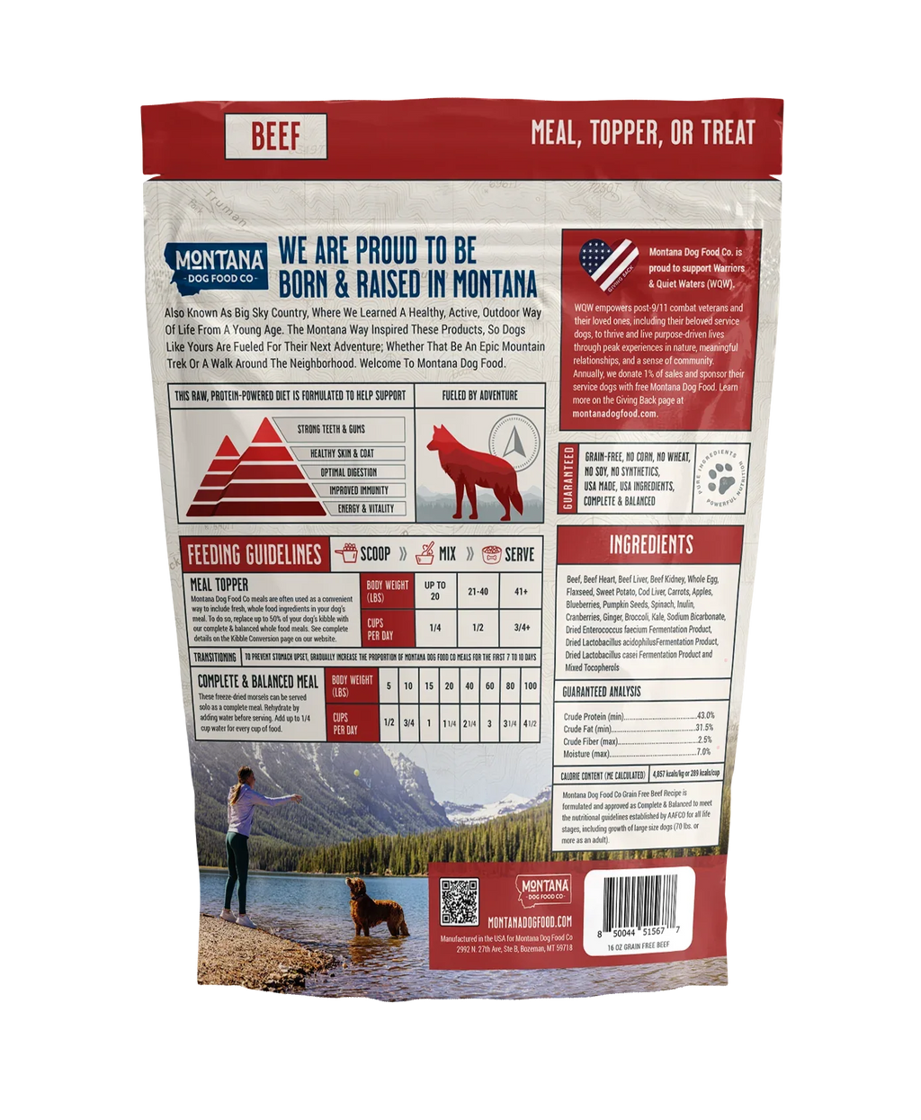 Grain-free beef freeze-dried raw dog food topper by Montana Dog Food Co, 6.4 oz bag, ideal for adventure fuel meals.