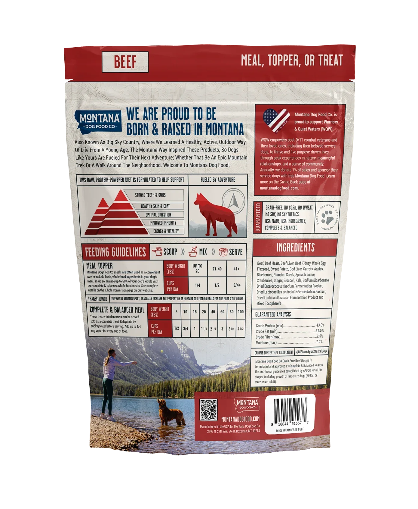 Grain-free beef freeze-dried raw dog food topper by Montana Dog Food Co, 6.4 oz bag, ideal for adventure fuel meals.