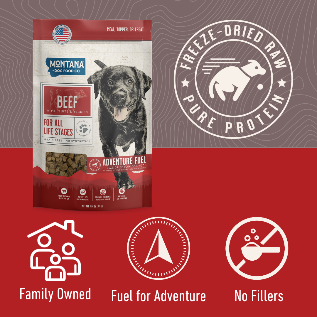 Montana Dog Food Co Grain-Free Beef Freeze-Dried Raw Adventure Fuel meal for dogs, raw beef topper in 6.4oz package