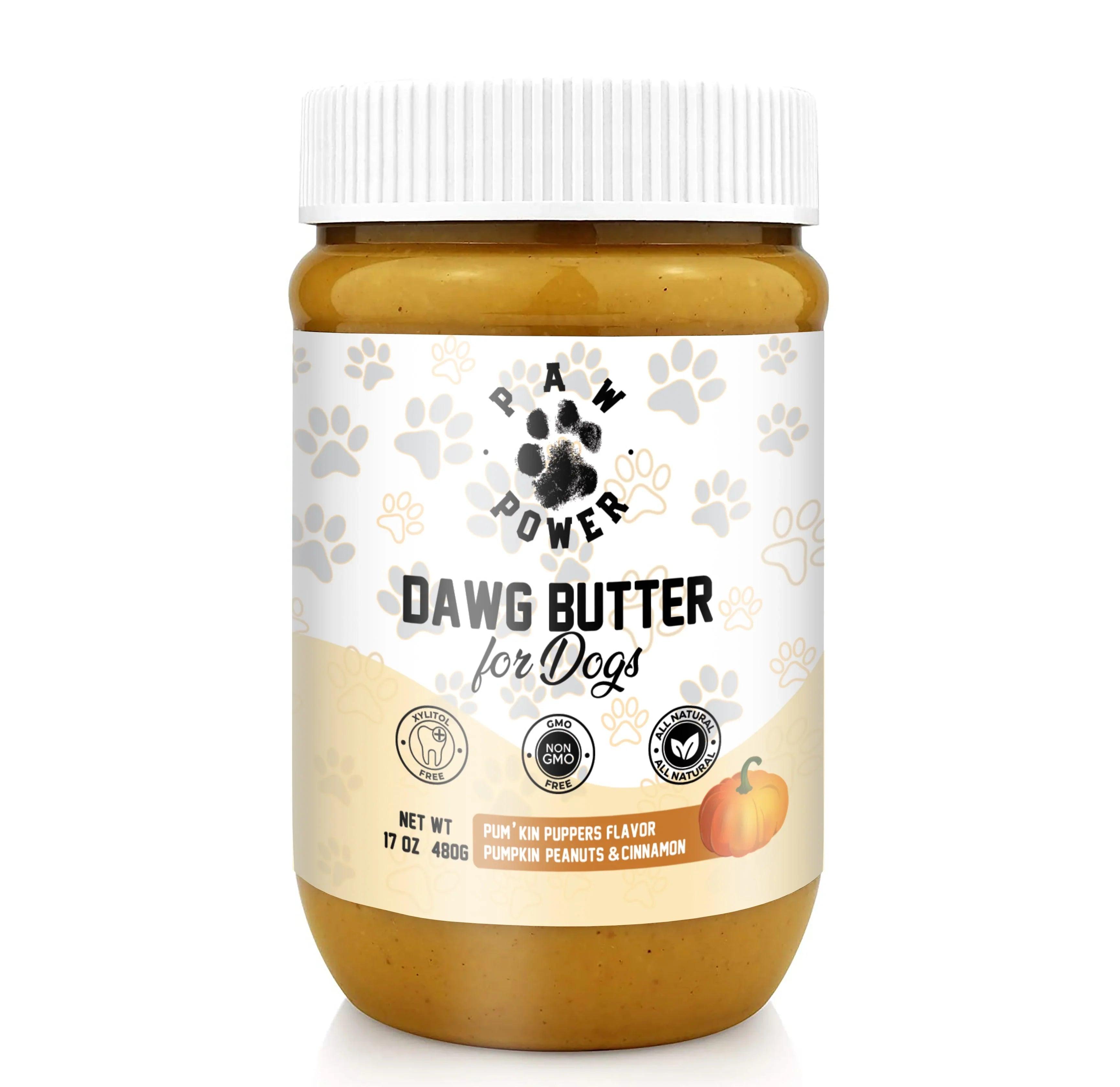 Dawg Butter Pum'kin Puppers Flavor by Paw Power Nutrition, dog treat with pumpkin flavor, in a resealable bag.