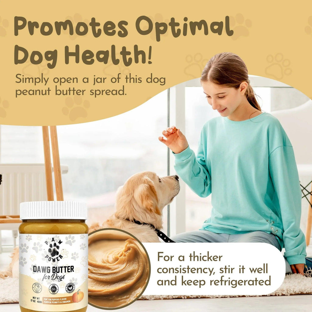 Dawg Butter Pum'kin Puppers flavor dog treat from Paw Power Nutrition, featuring pumpkin-flavored dog snack in a resealable bag.