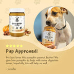 Dog treat container featuring Dawg Butter Pum'kin Puppers flavor by Paw Power Nutrition with a label showing pumpkin and dog images.