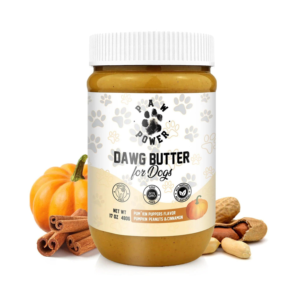 Dawg Butter Pum'kin Puppers Flavor dog treat from Paw Power Nutrition, with pumpkin and peanut butter ingredients in a resealable bag.