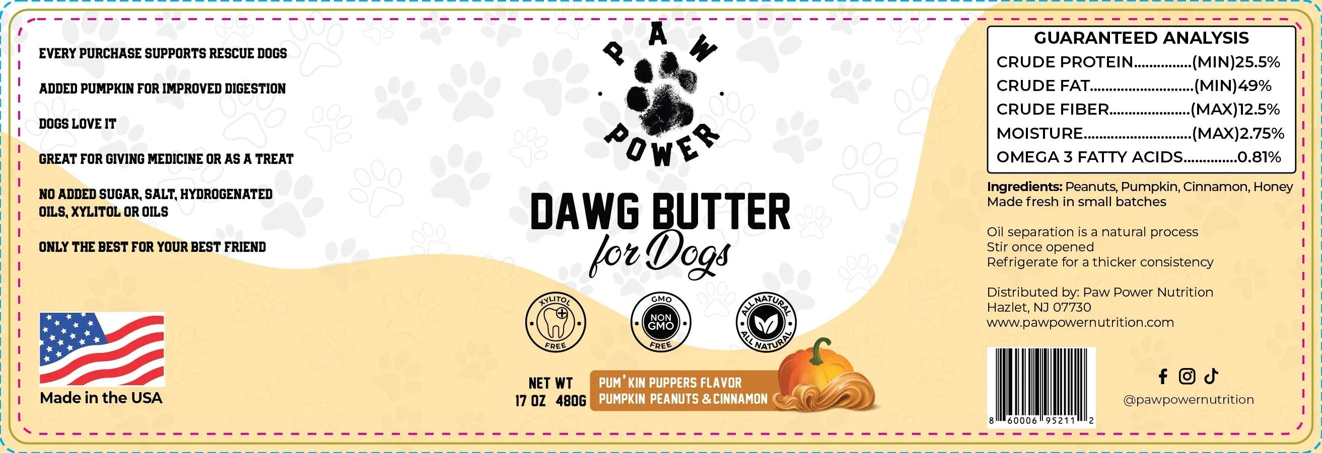 Dawg Butter Pum'kin Puppers flavor dog treat from Paw Power Nutrition, showing a close-up of the treat package with pumpkin design.