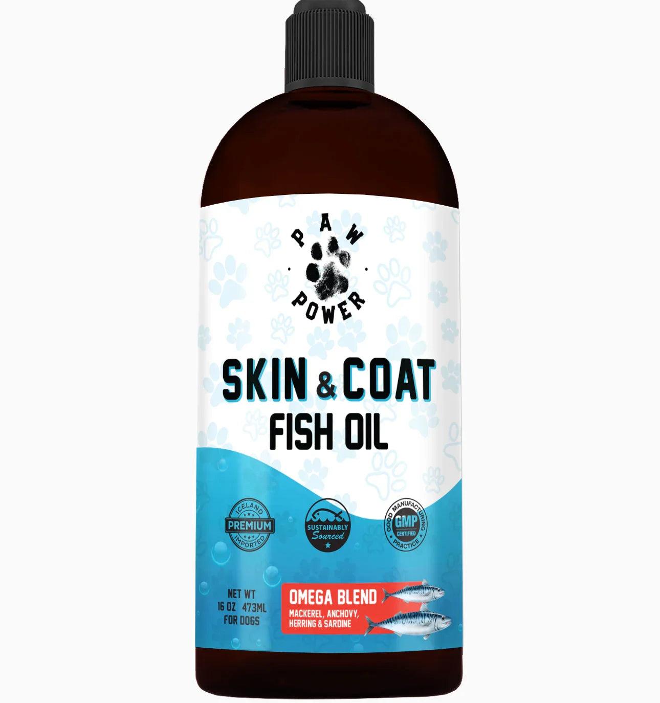 Dawg Health Skin & Coat supplement by Paw Power Nutrition, showing the product bottle with label featuring healthy dog skin and coat imagery.