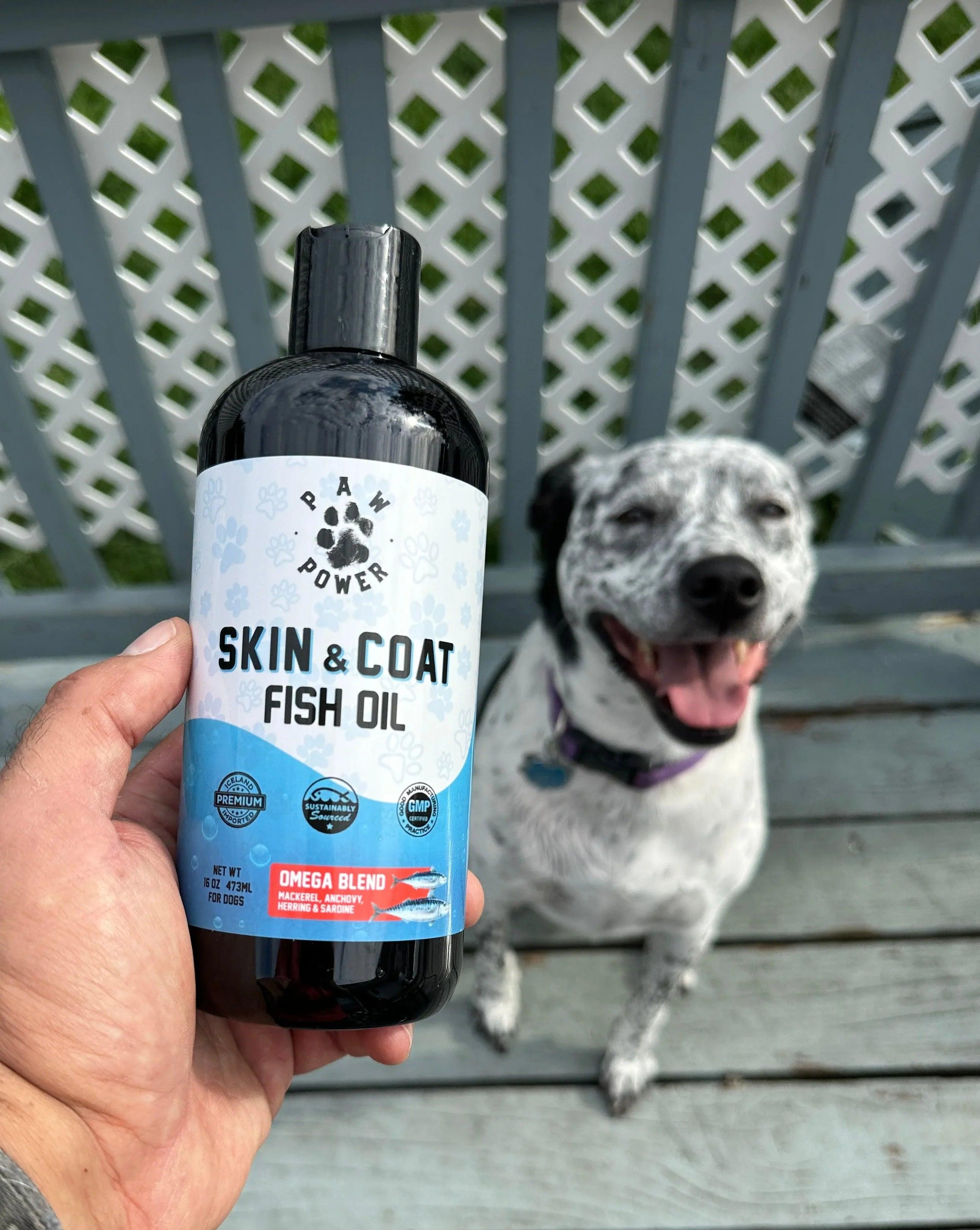 Paw Power Nutrition Dawg Health Skin & Coat supplement bottle with label showing product details and branding.