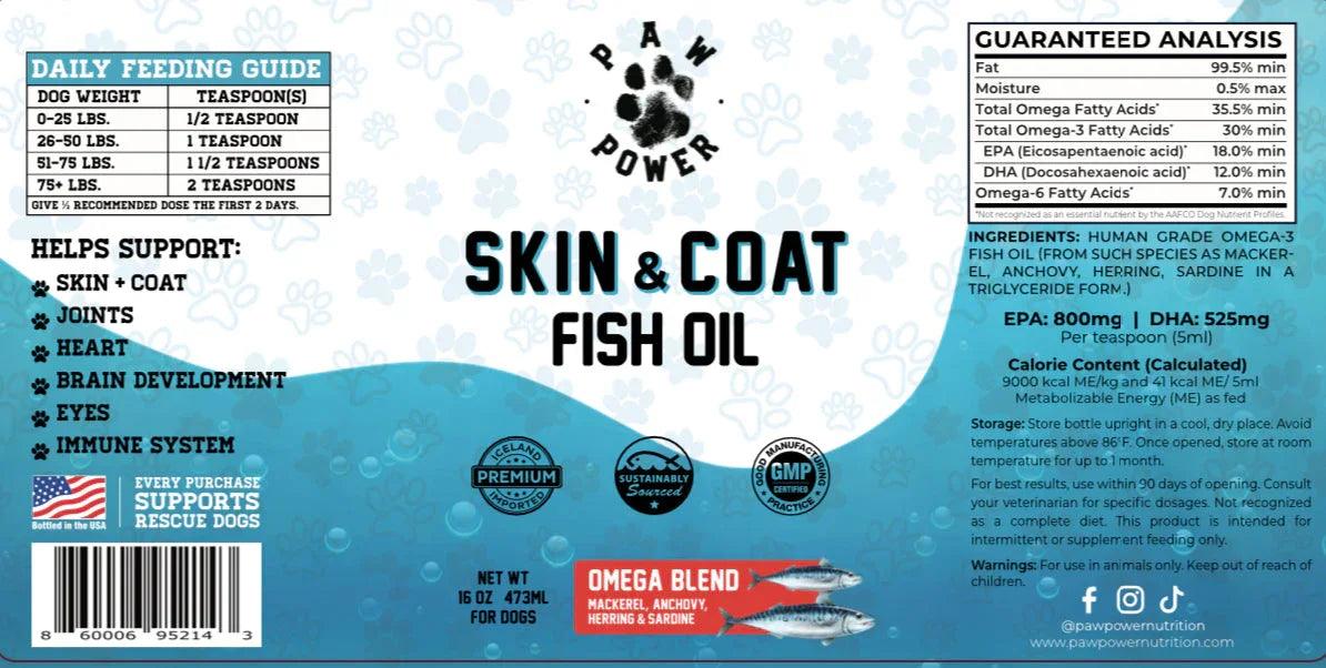 Paw Power Nutrition Dawg Health Skin & Coat supplement bottle with label, designed to support dog's skin and coat health.