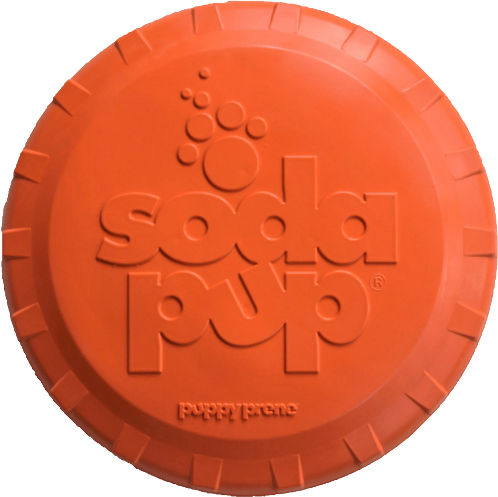 Orange rubber Frisbee for dogs by SodaPup, durable retrieving toy, vet approved, USA made, perfect for outdoor play and fetch.