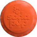 Orange rubber Frisbee for dogs by SodaPup, durable retrieving toy, vet approved, USA made, perfect for outdoor play and fetch.