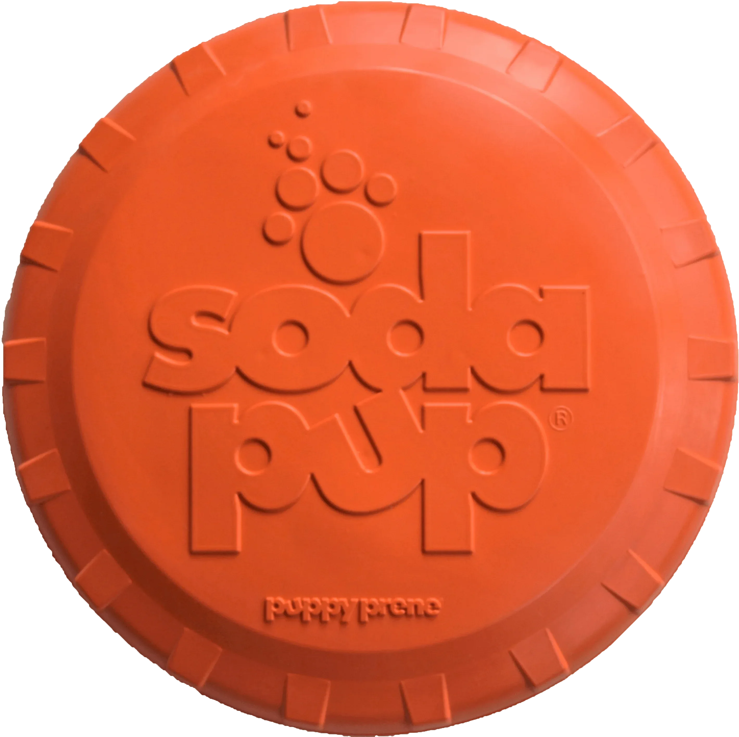 Orange rubber Frisbee for dogs by SodaPup, durable retrieving toy, vet approved, USA made, perfect for outdoor play and fetch.