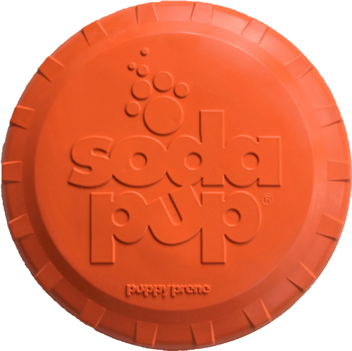 Orange rubber Frisbee for dogs by SodaPup, durable retrieving toy, vet approved, USA made, perfect for outdoor play and fetch.