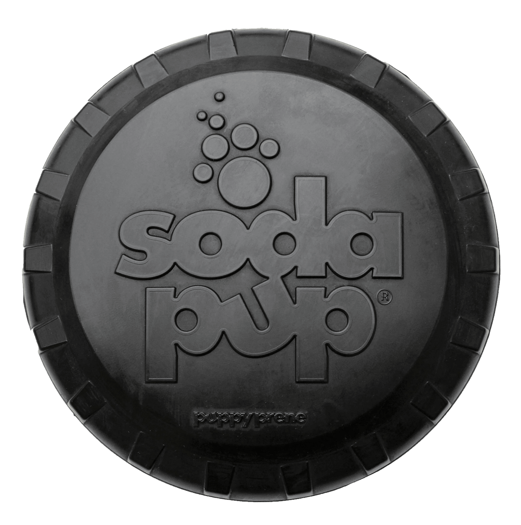 Large black Magnum Bottle Top Flyer rubber dog toy by SodaPup, ultra-durable frisbee for heavy chewers, USA made.