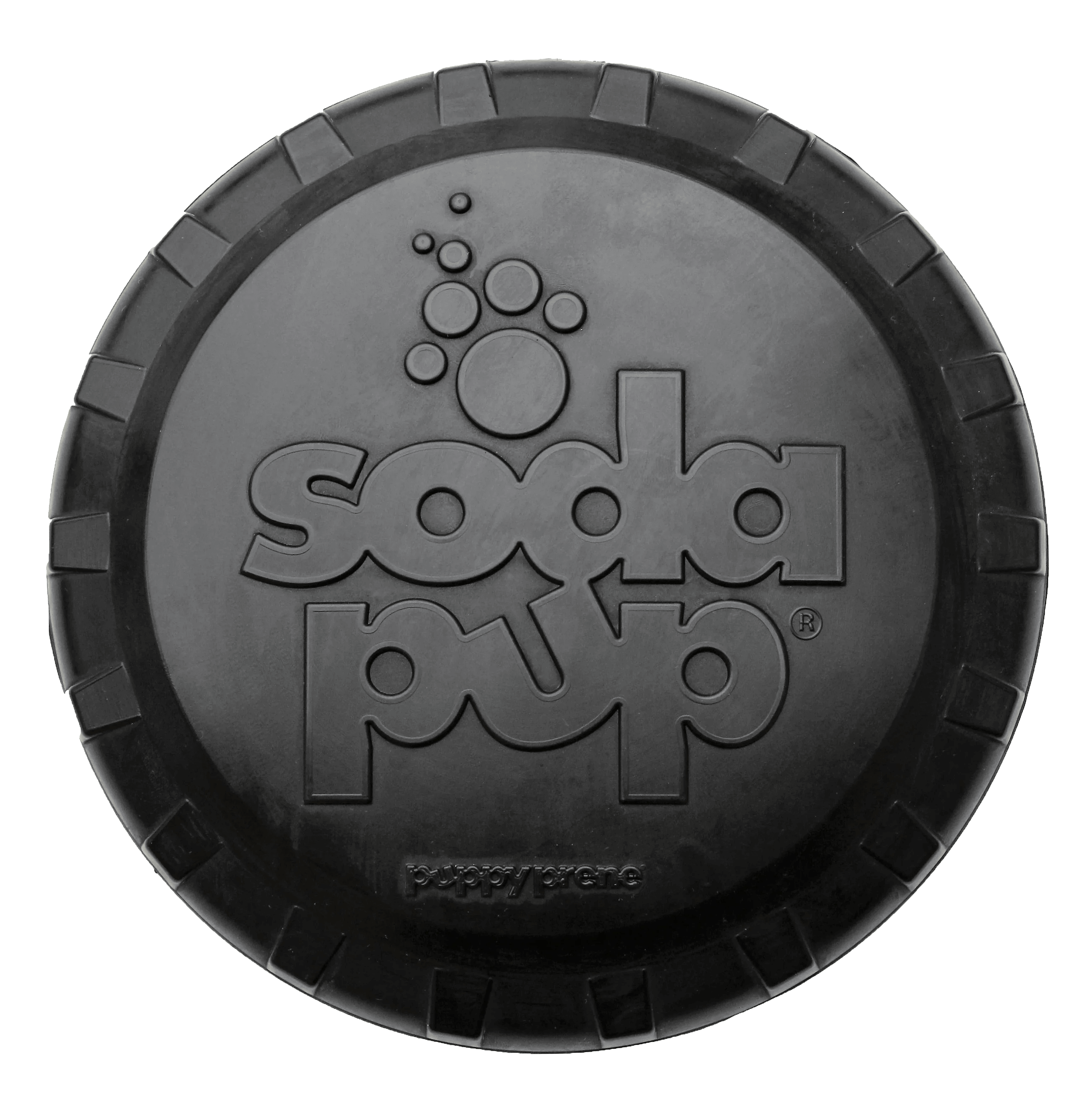 Large black Magnum Bottle Top Flyer rubber dog toy by SodaPup, ultra-durable frisbee for heavy chewers, USA made.