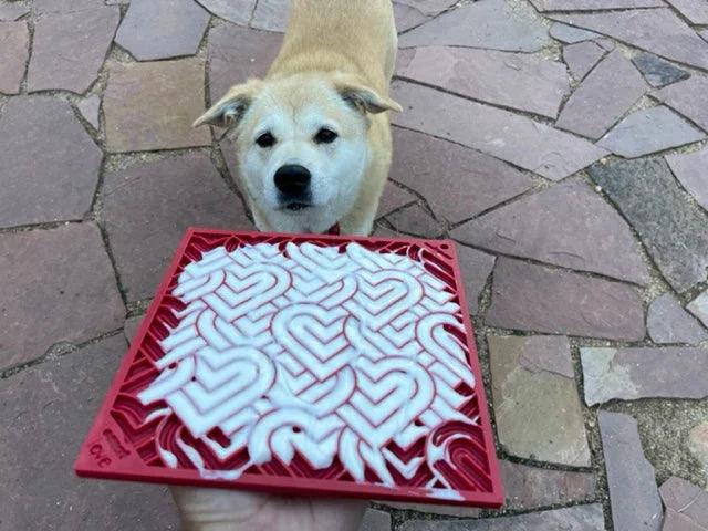SodaPup Love eMat enrichment lick mat for dogs and cats with a heart design, large size, made of durable silicone.