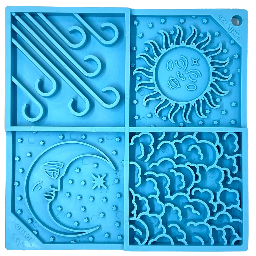 Light blue Sky eMat enrichment lick mat for dogs and cats by SodaPup with celestial design, suitable for calming and engagement.