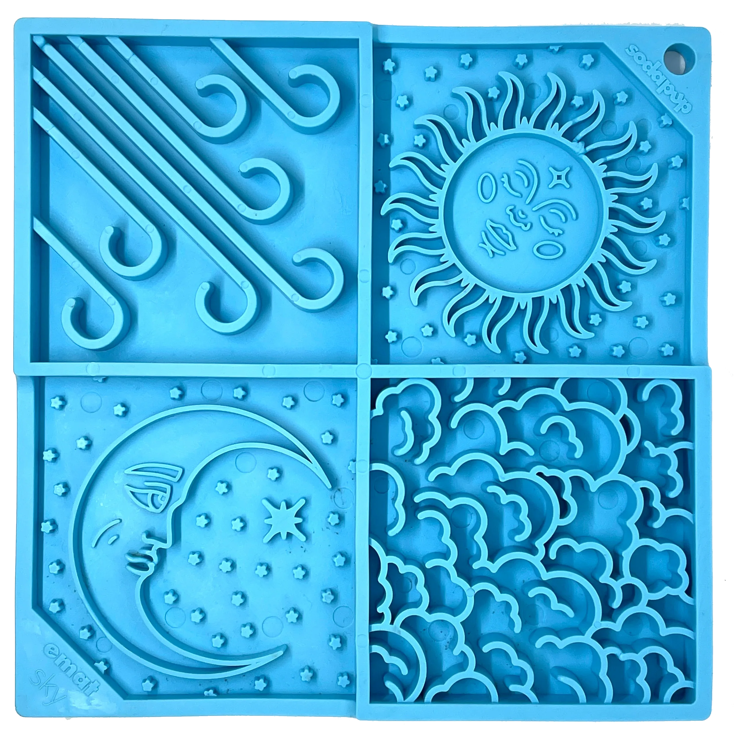 Light blue Sky eMat enrichment lick mat for dogs and cats by SodaPup with celestial design, suitable for calming and engagement.