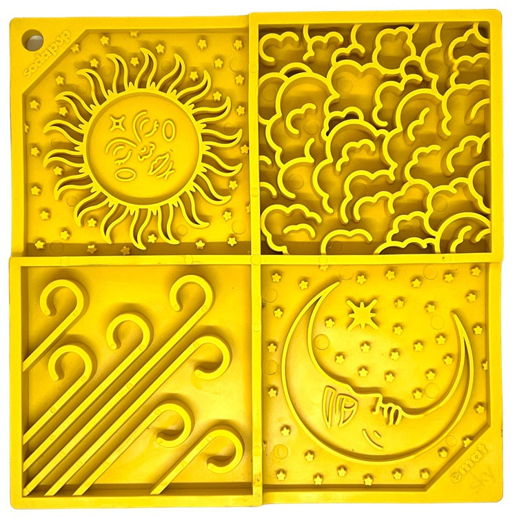 Light blue Sky eMat enrichment lick mat for dogs and cats with celestial design by SodaPup, ideal for mental stimulation and bonding.