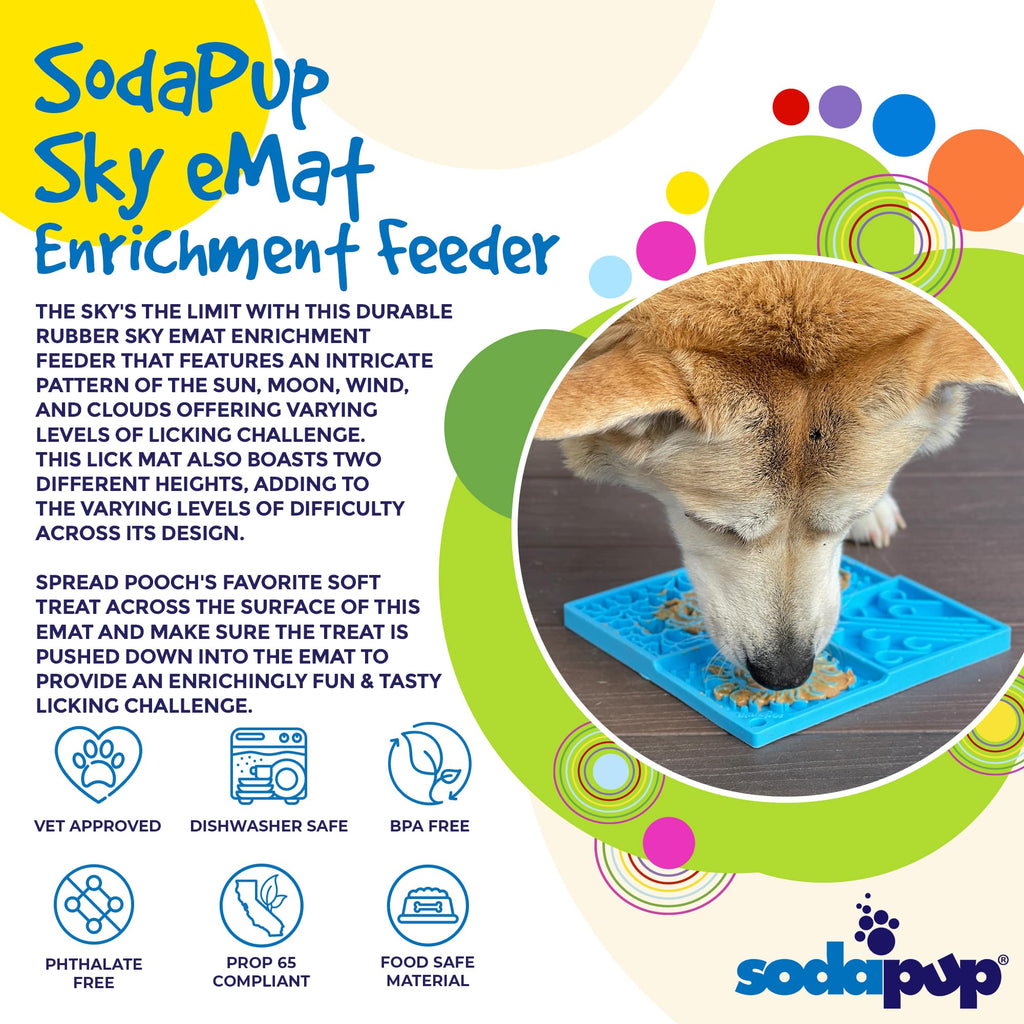 Light blue Sky eMat enrichment lick mat for dogs and cats with celestial design by SodaPup, ideal for mental stimulation.