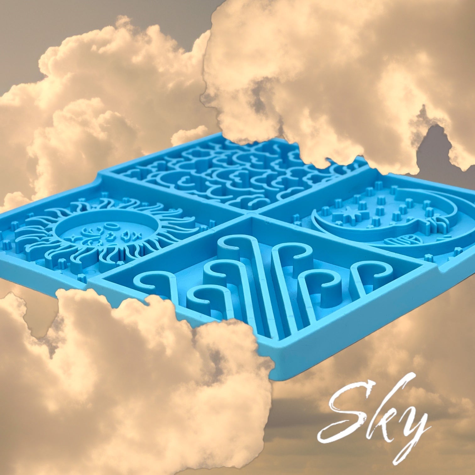 Light blue Sky eMat enrichment lick mat for dogs and cats with celestial design from SodaPup, ideal for interactive pet enrichment.