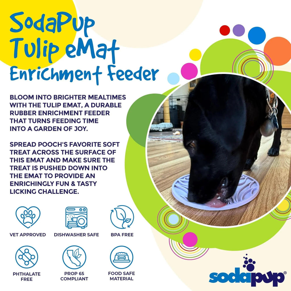 Pastel purple Tulip Design eMat by SodaPup for dogs and cats, with suction cups, USA-made enrichment lick mat.