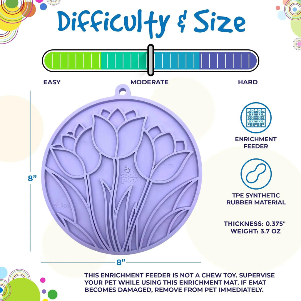 Pastel purple Tulip Design eMat for dogs and cats by SodaPup with suction cups, USA-made enrichment lick mat for pets.