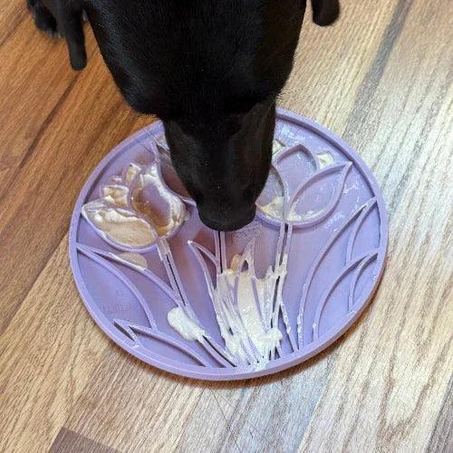 Pastel purple Tulip Design eMat by SodaPup for dogs and cats, featuring suction cups for enrichment and engagement.