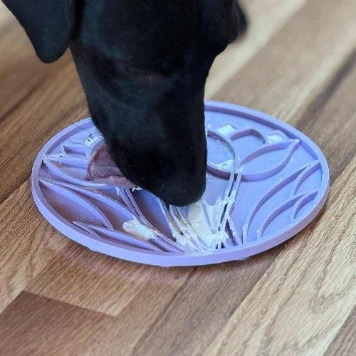 Pastel purple Tulip Design eMat by SodaPup, enrichment lick mat for dogs and cats with suction cups, USA made.