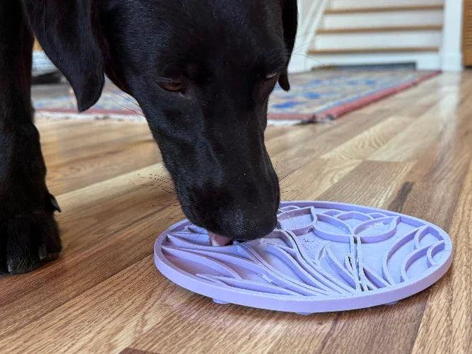 Pastel purple Tulip Design eMat by SodaPup for dogs and cats, enrichment lick mat with suction cups, USA made.