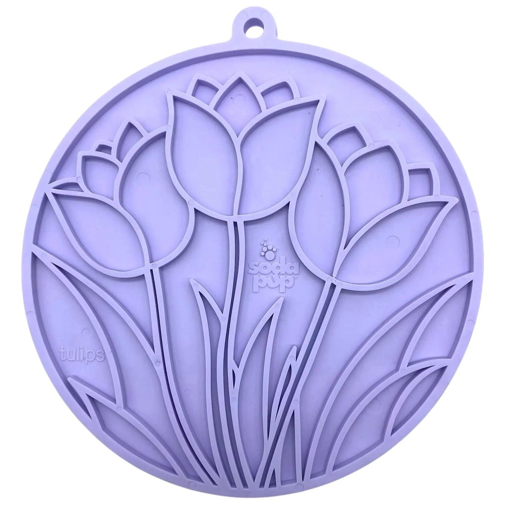 Pastel purple Tulip Design eMat by SodaPup for dogs and cats, with suction cups, USA-made enrichment lick mat.