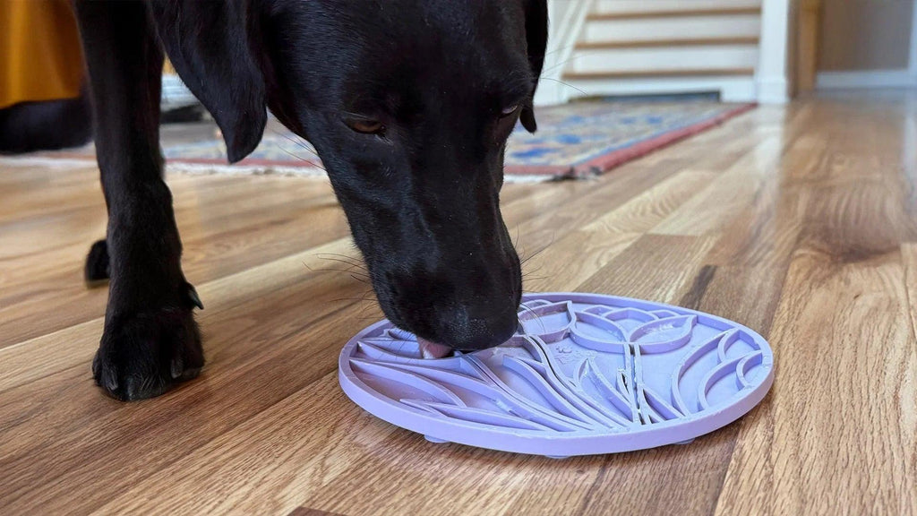 Pastel purple Tulip Design eMat by SodaPup for dogs and cats with suction cups, USA-made enrichment lick mat for pets.