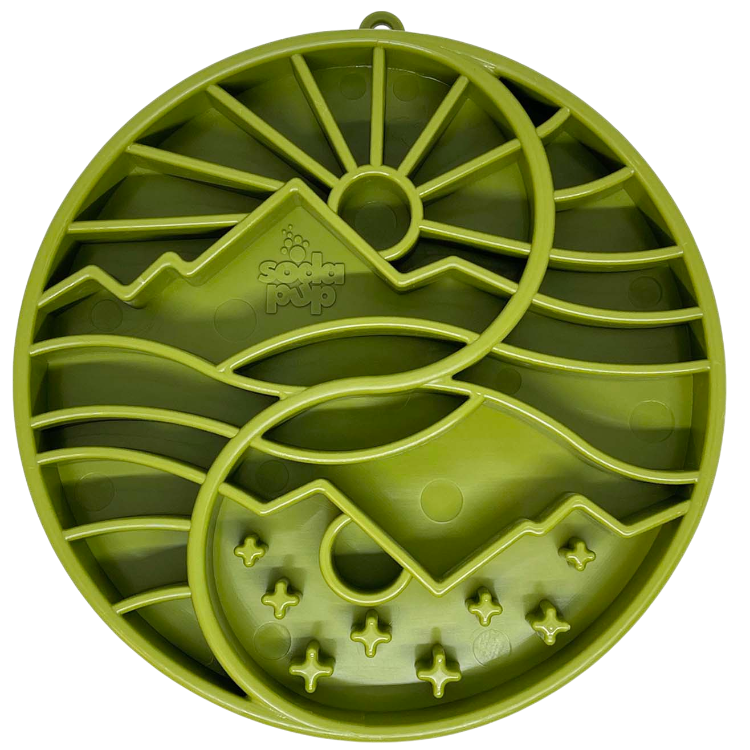 Sun and Moon eTray shallow slow feeder dog bowl by SodaPup, featuring a vibrant orange yin-yang design for enrichment.