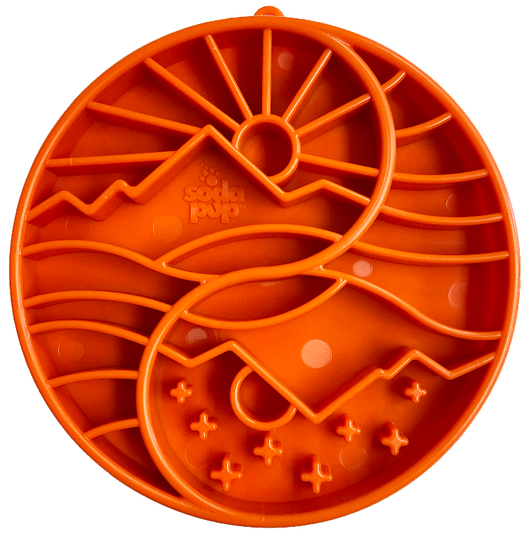 Sun and Moon eTray shallow slow feeder dog bowl by SodaPup, USA-made enrichment bowl featuring orange yin-yang sun and moon design.