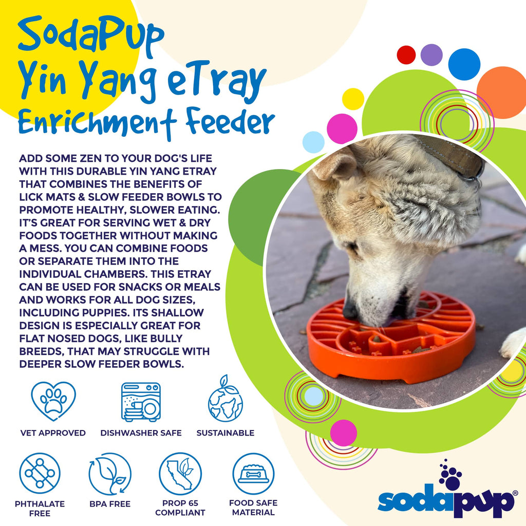 Orange Sun and Moon ETRAY shallow slow feeder dog bowl by SodaPup/True Dogs, USA-made enrichment dog bowl with yin-yang design.