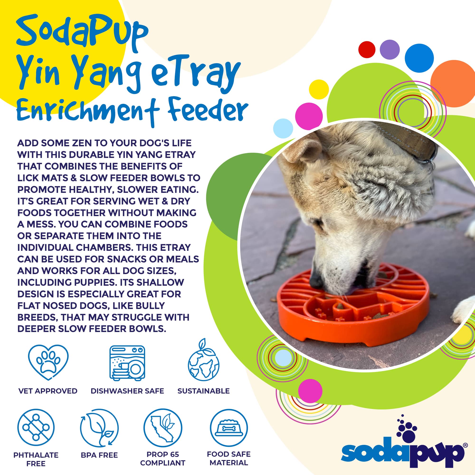 Orange Sun and Moon ETRAY shallow slow feeder dog bowl by SodaPup/True Dogs, USA-made enrichment dog bowl with yin-yang design.