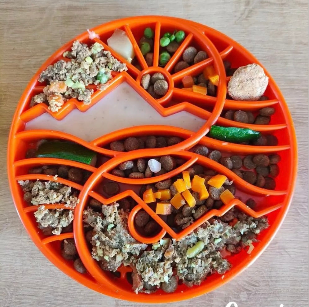 Sun and Moon eTray shallow slow feeder dog bowl by SodaPup, featuring orange yin-yang design for enrichment, USA-made.