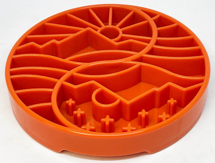 Orange Sun and Moon eTray shallow slow feeder dog bowl by SodaPup/True Dogs, USA-made enrichment dog bowl with yin-yang design.