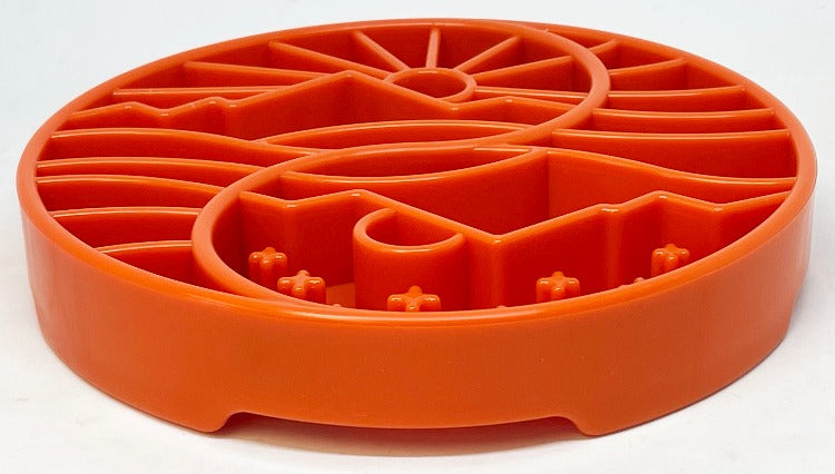 Sun and Moon eTray shallow slow feeder dog bowl by SodaPup, featuring a vibrant orange yin-yang design for enrichment.