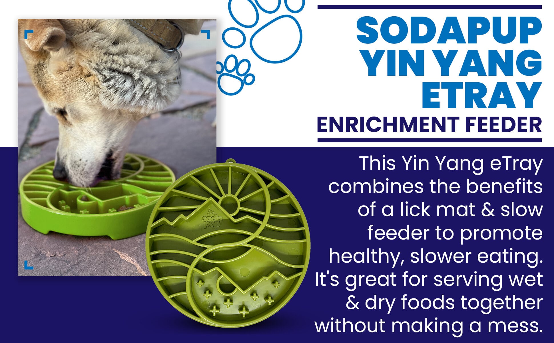 Sun and Moon eTray shallow slow feeder dog bowl by SodaPup, featuring orange yin-yang design for enrichment. USA made.